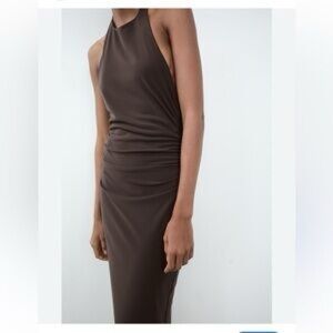 Zara Brown Midi Low Back Halter Dress